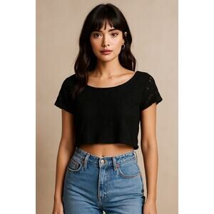 Express Black Lace Sheer Crop Top Short Sleeve Women’s Small